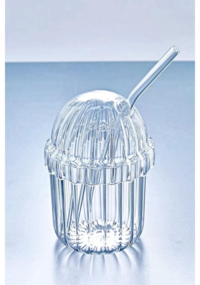 2'li Kübbe Kapaklı Pipetli Bardak 430ml Isıya Dayanıklı Eggglass İskandinav Kahve Sunum Bardağı