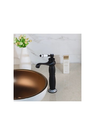 Rena Design Rustik Siyah Çanak Lavabo Bataryası Banyo Yüksek Musluk Porselen Işleme Armatür Otantik Retro