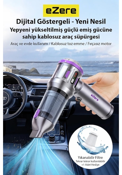 Northcity Ezere Turbovac 20000pa Güçlü Dijital Göstergeli Vakumlu Kablosuz Üflemeli Mini Araç Süpürgesi- 5775
