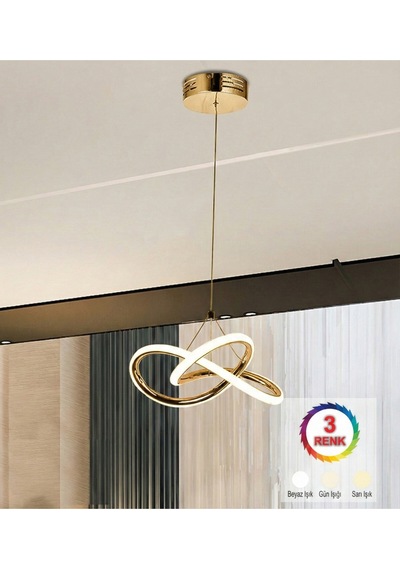 Gold Lüks 3 Renk Ledli Çift Daire Avize Gold