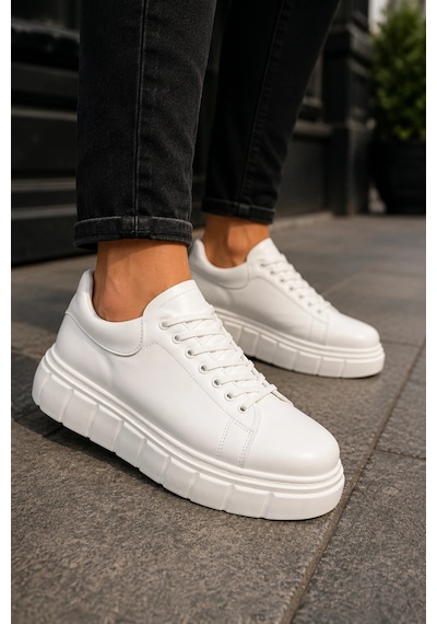Mevese Ares Bağcıklı Cilt Erkek Günlük Sneaker Yüksek Taban Ayakkabı - Beyaz