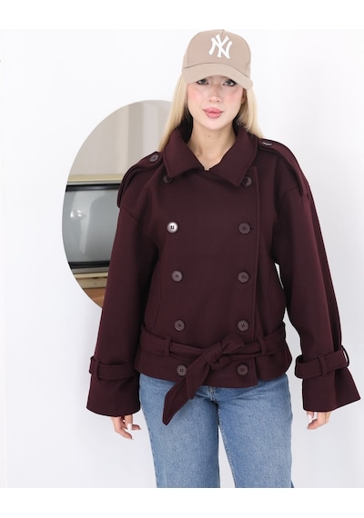 Moda Banuş Kadın Kuşaklı Kruvaze Kaşe Trenç Ceket 2976 Mürdüm