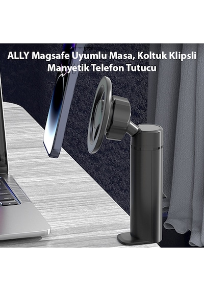 Ally Magsafe Uyumlu Masa, Koltuk Klipsli Manyetik Telefon Tutucu Siyah