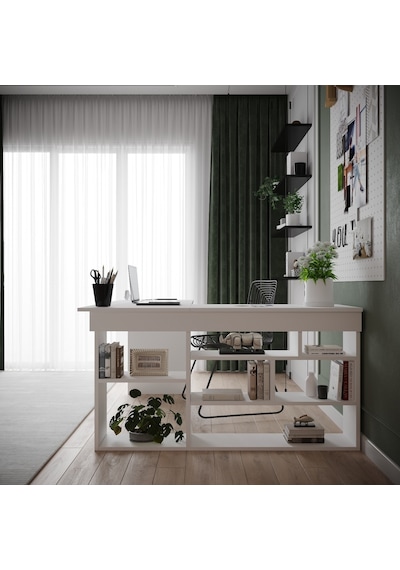Robinhome Robin Home Martin Kitaplık Raflı Çalışma Masası L Ofis Masası Bey Beyaz