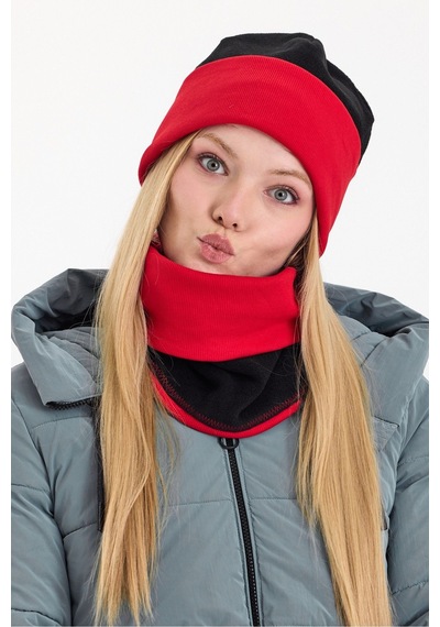 Butikgiz Kadın Dış Kısım Polar, İç Kısım Kaşkorse Pamuklu, Çift Renk, Çift Kat, Katlanabilir Bere Boyunluk Set Siyah-kırmızı