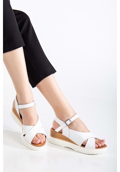 Analin Shoes Kadın Hakiki Deri Bilekten Bağlı Yüksek Taban Sandalet Beyaz