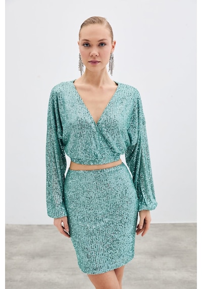 Sateen Payetli Kruvaze Bluz - Mint-135411 Mint