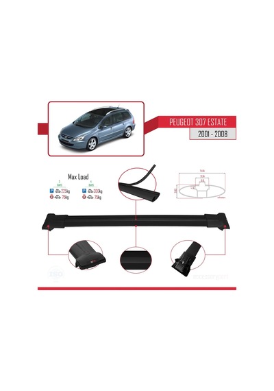 Peugeot 307 Estate 2001-2008 Arası İle Uyumlu Fly Model Ara Atkı Tavan Barı Siyah 3 Adet Bar