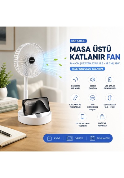 Blic Bwfn-11 Masaüstü Vantilatör - Usb Şarjlı Katlanır 16.4 Cm Telefonluklu 180 Derece