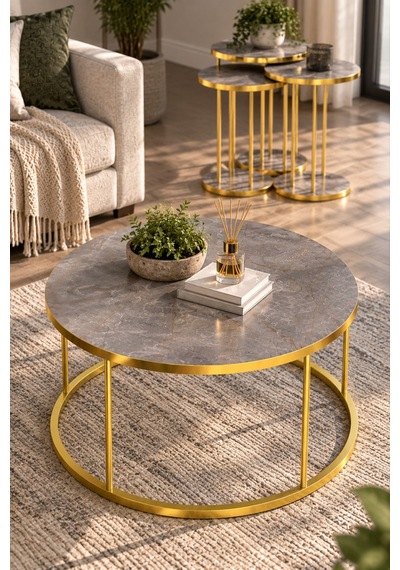 Sulorahome Sehpa Ve Zigon Sehpa Seti - Gri Ve Gold Antrasit - Gri - Altın
