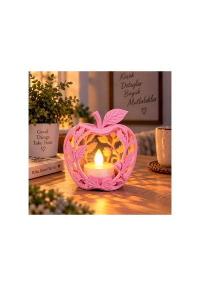 Elma Figürlü Dekoratif Mumluk Yaprak Desenli Tealight Mumluk, Dekoratif Led Mum Hediyeli - Pembe Açık