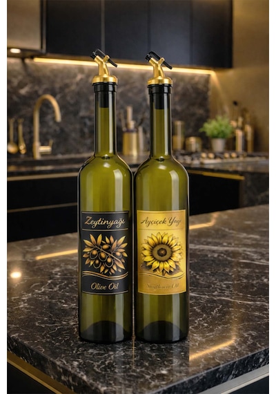 Zeytinyağı Ve Ayçiçek Yağı Şişesi Seti, Etiketli Ve Gri Yağdanlık Aparatlı, 750 Ml, 2 Adet Altın