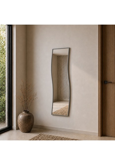 Modern Dalgalı Boy Aynası 40x120 Cm Organik Formlu Minimalist Dekoratif Duvar Aynası 2026 Trend Gri