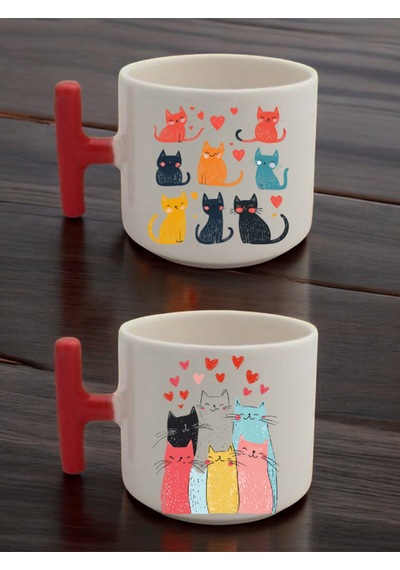 Kalp Kedi Görseli Baskılı 2'li Latte Bardağı Seramik Kupa - Seramik Çay, Kahve Hediyelik Bardağı Beyaz