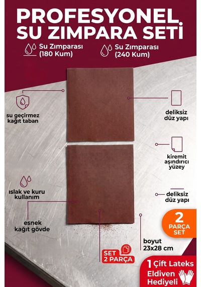 23x28 Cm Su Zımparası Seti 180 240 Kum 2 Parça Islak Kuru Yüzey Zımparası + Eldiven