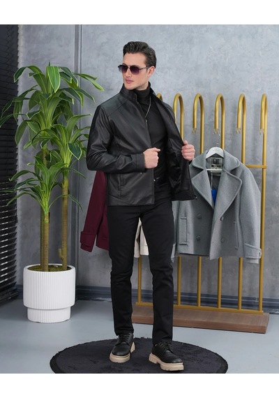 Modefendi Slim Fit Kalıp Hakim Yaka Ribanası Asimetrik Model İthal Deri Mont Renkli