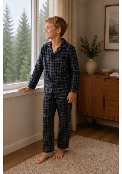 Free Beka Ekose Desenli Uzun Kollu Gömlek Yaka Düğmeli Erkek Çocuk Pijama Takımı Gri
