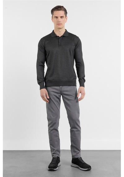 İmza Antrasit Polo Yaka Cepsiz Comfort Fit Classic Pamuklu Triko Kazak 1012255155