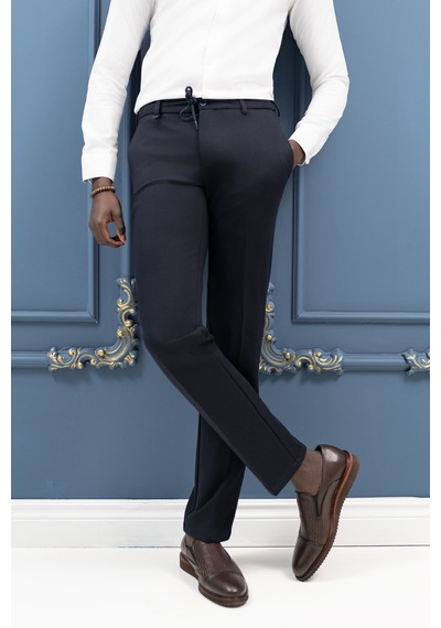 Ecer Regular Fit Armürlü Beli İplikli Astarsız Rayon Kışlık Kumaş Pantolon Lacivert