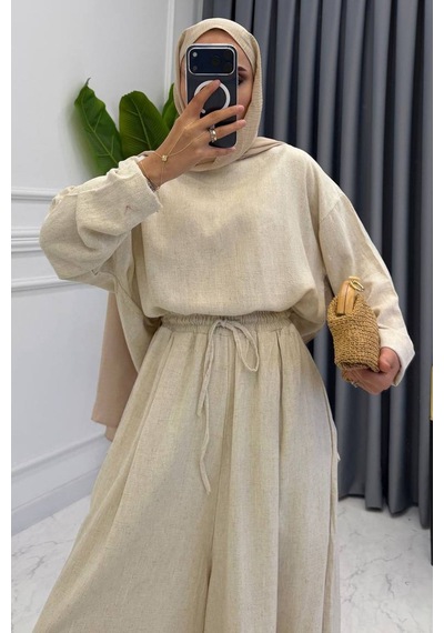 Balenbi Kadın Keten Kumaş Oversize Bluz Bol Paça Pantolon İkili Tesettür Takım 1223 Taş - Premium Seri Balenbi Kadın Keten Kumaş Oversize Bluz Bol Paça Pantolon İkili Tesettür Takım 1223 Taş - Premium Seri