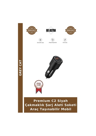 Premium C2 Siyah Çakmaklık Şarj Aleti Soketi Araç Taşınabilir Mobil