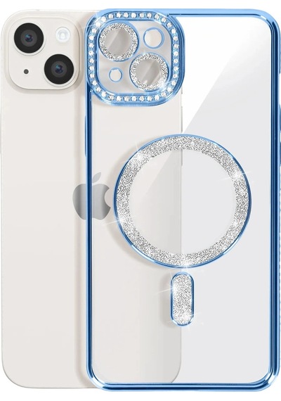 Apple iPhone Uyumlu  15 Kılıf Joke Simli Magneticsafe Kılıf Mavi