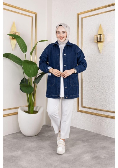 Harman Butik Kadın Cepli Düğmeli Kot Ceket Lacivert Lacivert