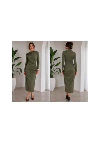 Gül&can Butik Haki Yeşili Drapeli Triko Midi Elbise Haki