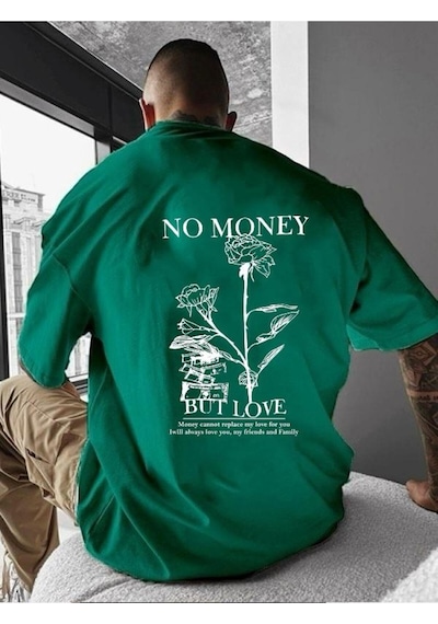 No Money Baskılı Oversize Tişört Yeşil