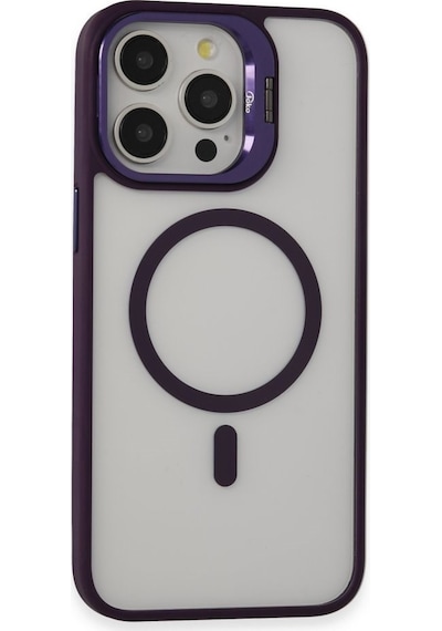Apple iPhone 15 Pro Uyumlu Kılıf Ve Lens Magsafe Standlı Kamera Camlı Kapak Mor