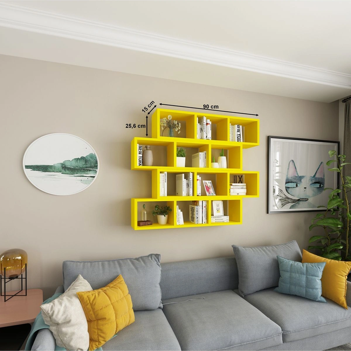 Kitaplık Modern Duvar Rafı Salon Yatay 4 Lü Takım Sarı Sarı