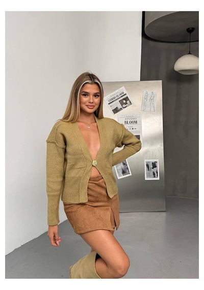Kechi Woman Gold Aksesuarlı Tek Düğme Triko Hırka Haki