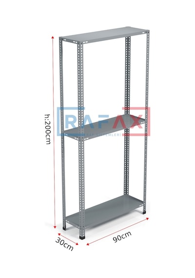 Rafax, 30x90xH:200 3 Raflı Çelik Raf, Depo Rafı, Arşiv Rafı Gri