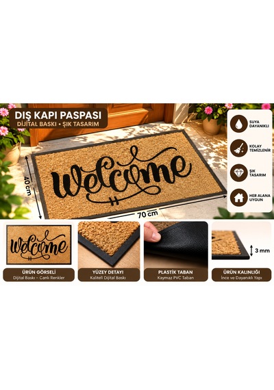 Dış Kapı Paspası 40x70 Cm Dijital Baskılı Kaymaz Pvc Plastik Tabanlı Kapı Önü Paspası Açık Kahverengi