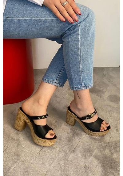 Asmi Shoes Kadın Tena Mantar Taban Platform Topuklu Terlik 10 Cm Snd456 Siyah Siyah