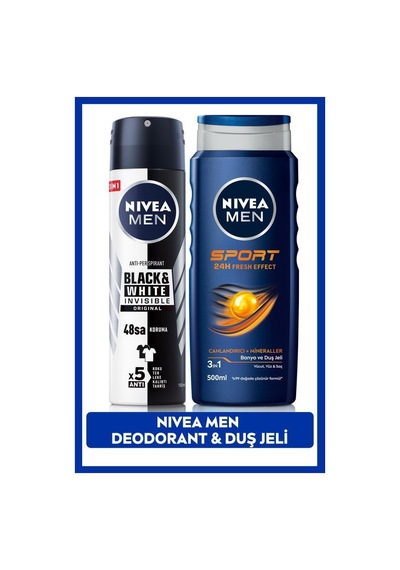 Nivea Black & White Invisible Original Erkek Sprey Deodorant 150 ML + Men Sport Erkek Duş Jeli 500 ML