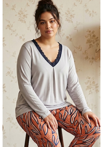 Siyah İnci Gri Desenli Büyük Beden Battal Boy Viskon Örme Pijama Takım 26224821