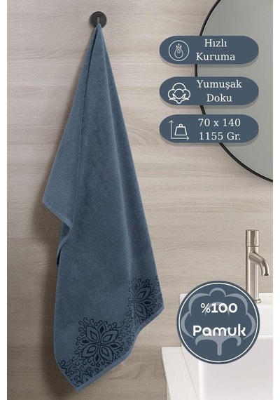 Pamuk Tekli Havlu Jakarlı Karna Home Klover - 70 X 140 Mavi