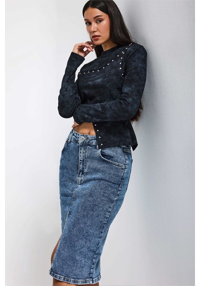 it's basic Kadın Siyah Antrasit W5 Asimetrik Kesim Drop Detaylı Özel Tasarım Crop Top