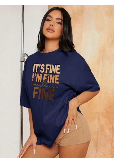 Unisex Fine Ön Baskılı Oversize T-shirt Lacivert