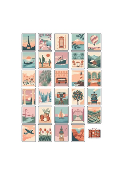 30 Adet Pastel Vintage Seyahat Pulu Sticker Seti - Defter Laptop Ajanda Scrapbook İçin Çok Renkli