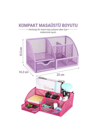 Yeşil Masaüstü Metal Kalemlik Seti 7 Bölmeli Fileli Masa Üstü Düzenleyici Küp Notluk Ataşlık Çekmeceli Perfore Büro