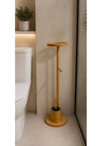 Morponi Ahşap Bambu Çok Amaçlı Tuvalet Kağıdı Askısı, Yedekli Stand Ve Banyo Fırçalık Seti Yuvarlak Gri