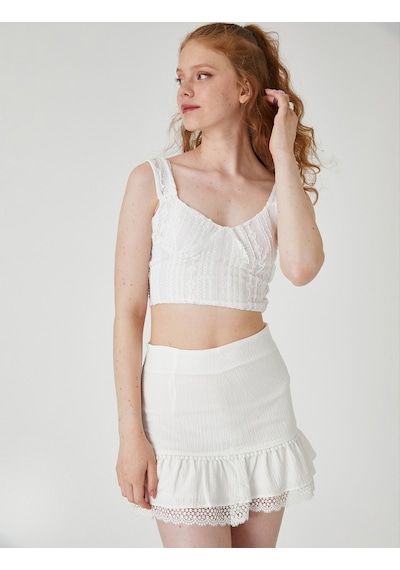 Koton Dantelli Crop Üst Ekru 2sal30286ık 2SAL30286IK010