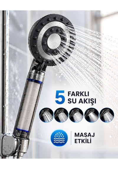 Siyah Filtreli Duş Başlığı 5 Farklı Su Akışı Masaj Etkili Klor Ve Kireç Filtreleme - Lisinya Çok Renkli