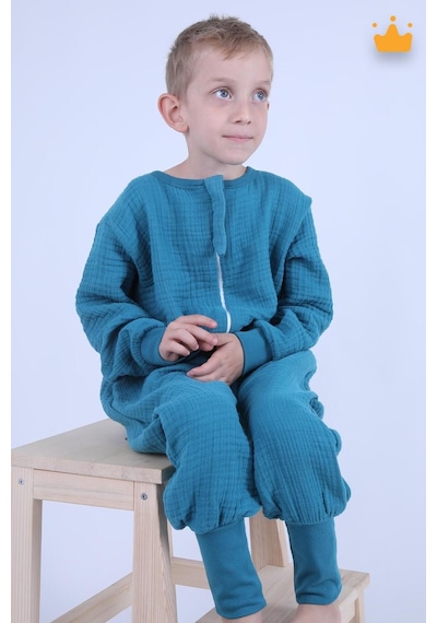 Babyhola Çocuk Mevsimlik Uyku Tulumu 2-8 Yaş 1 Tog 4 Kat Müslin Uzun Kollu Uyku Tulumu Turkuaz