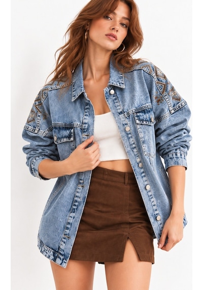 Saade Açık Mavi Etnik İşlemeli Oversize Denim Ceket