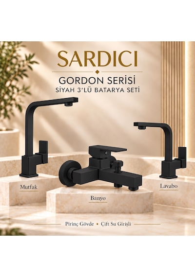 Sardıcı Gordon Mat Siyah 3 Lü Mutfak Lavabo Banyo Batarya Seti Dirsek Takımı Dahil
