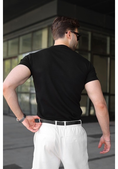 Madmext Siyah Slim Fit Hakim Yaka Triko Erkek Tişört E7189