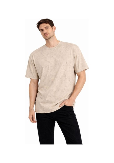 Erkek Asit Yıkama Bisiklet Yaka Kısa Kollu Oversize T-shirt Tişört - Bej